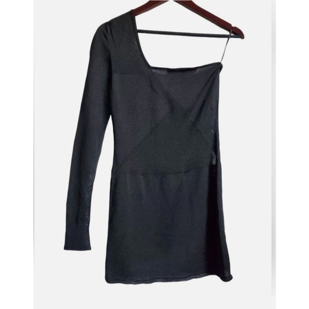 Sheer Black One Shoulder Mesh Bodycon Mini Dress Sculpted Club Baddie Edgy M EUC - Picture 8 of 10